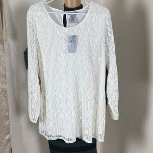 Catherines Off-White Lace Long Sleeve Blouse Tunic Top